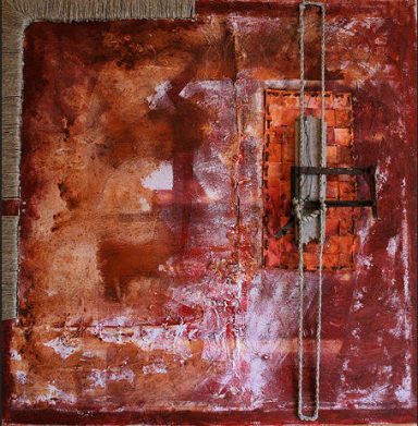 Abstrakte Kunst mit rot-braunen Farbtönen und geometrischen Formen.