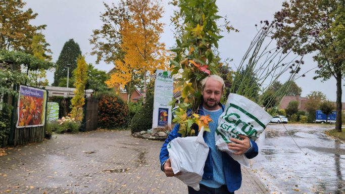 Mann trägt Pflanzen und Erde auf einem herbstlichen Gartenweg.